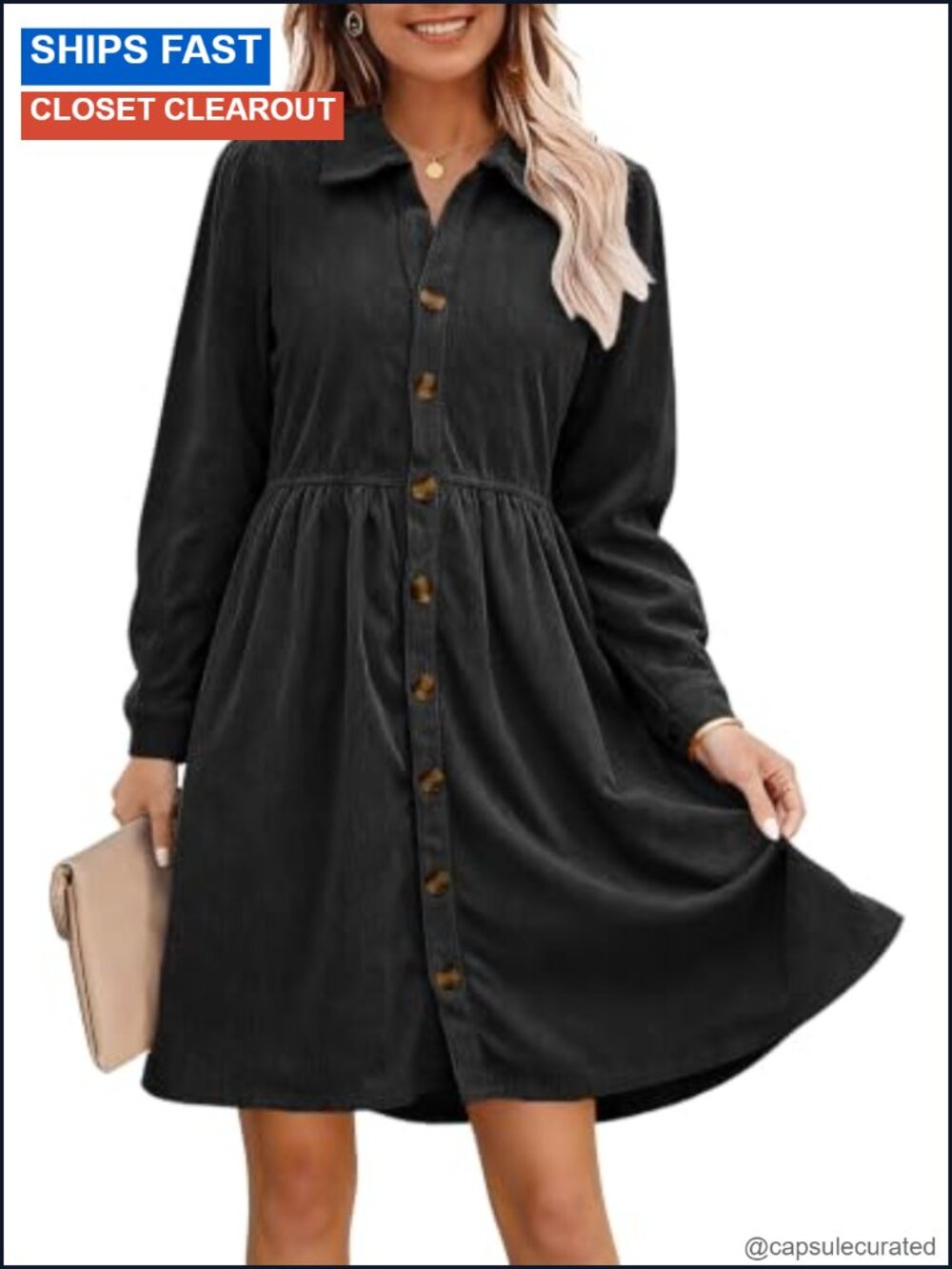 Corduroy Button Down Shirt Dress Long Sleeve Tiered Back Short Dress